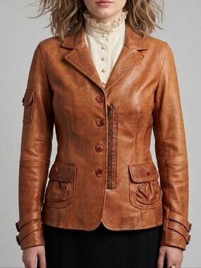 Vintage Cognac Brown Leather Jacket Size Large Boho Chic Steampunk Utility Artsy